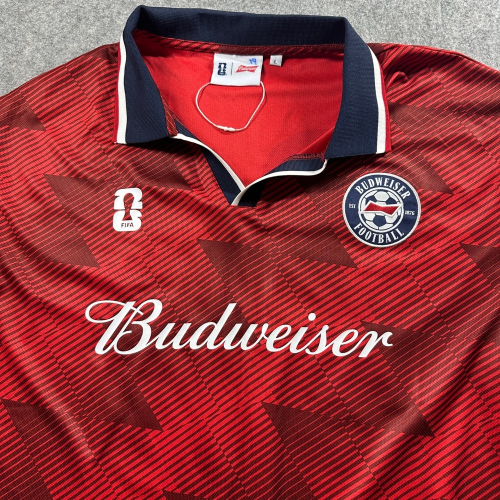 Budweiser Soccer Jersey Mens Large Red FIFA Football Graphic Shirt 26